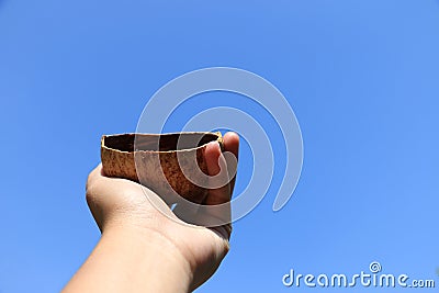 Hand hold up the coconut shell background with blue sky Stock Photo