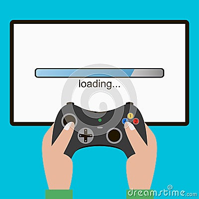 Hand hold video game controller, gamepad. Screen with loading bar. Gaming concept. Vector. Vector Illustration