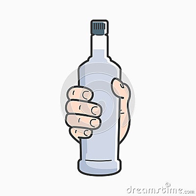 Hand hold vodka bottle. Male hand holding a vodka Vector Illustration