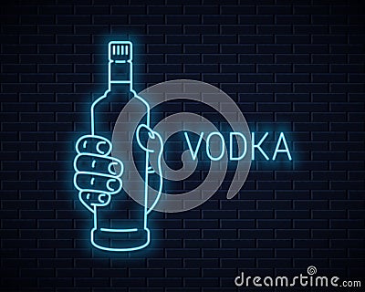 Hand hold vodka bottle neon sign. Holding a vodka Vector Illustration