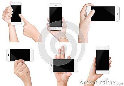 Hand hold white modern smart phone show screen display isolated Stock Photo