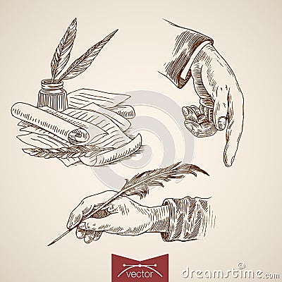 Hand hold writing poetry engraving lineart vector retro vintage Vector Illustration