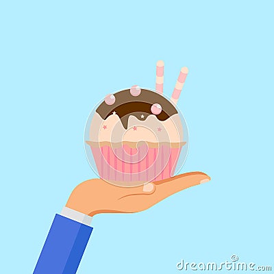 Hand hold yummy cake, muffin isolated on background. Colorful sweet homemade bakery with chocolate. Tasty cupcake. Party, Vector Illustration