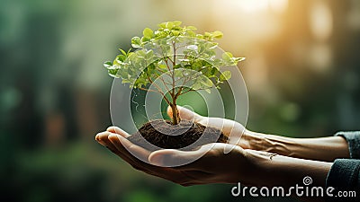 hand holdig big tree growing on green background with sunshine Stock Photo