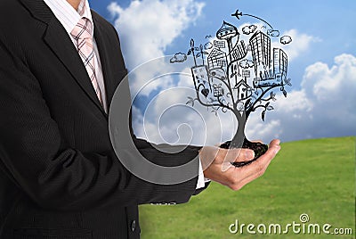 Hand holding abstract tree illustration with city lifestyle concept Cartoon Illustration