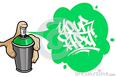 Hand holding an aerosol spraying a text banner Vector Illustration