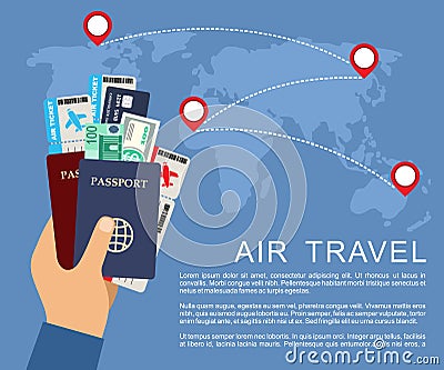 Hand holding airline tickets and passports. Air travel concept. Vector Illustration