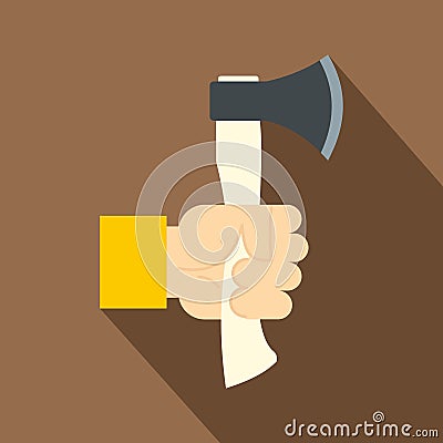 Hand holding axe with wooden handle icon Vector Illustration