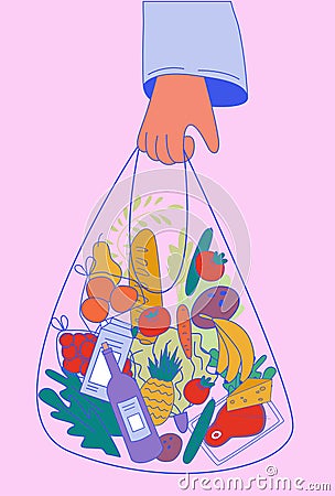 Hand holding bag with vegetables, fruits, meat, milk and bread Vector Illustration