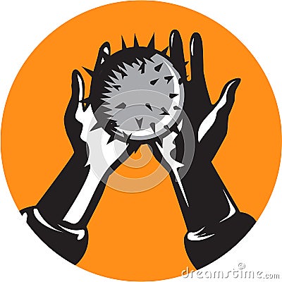 Hand Holding Ball with Spikes Circle Woodcut Vector Illustration