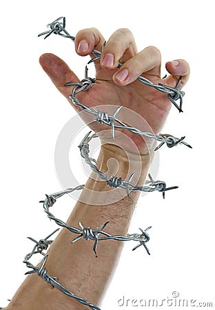 Hand holding a barbed wire Stock Photo