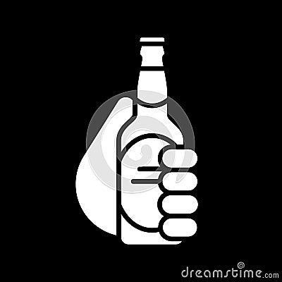 Hand holding beer bottle dark mode glyph icon Vector Illustration