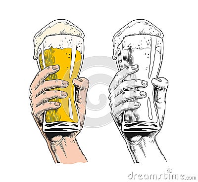 Hand holding a beer glass. Vintage engraving style vector illustration Vector Illustration