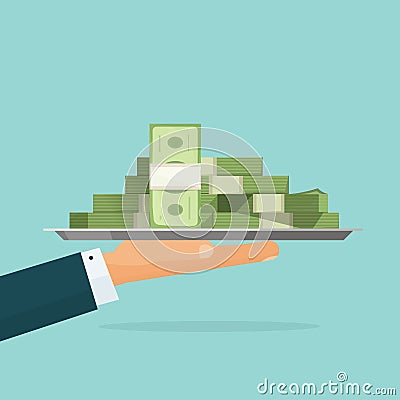 Hand holding big pile of money cash vector, loan salary Vector Illustration