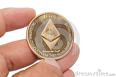 Hand holding bitcoin on white background Editorial Stock Photo