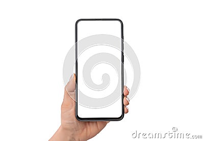 Hand holding black cell phone smartphone with blank white screen and modern frame less design, isolated on white background. Stock Photo