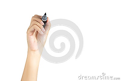 Hand holding black magic marker pen ready to writing something isolated on white background with copy space, studio shot, front Stock Photo