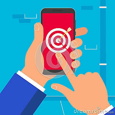 Hand holding black mobile phone with target aim arrow in bullseye symbol icon sign on the screen on background. Vector Illustration