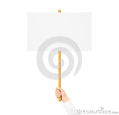 Hand holding blank banner mock up on wood stick isolated Stock Photo