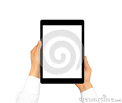 Hand holding blank tablet mock up isolated. New portable pc scre Stock Photo