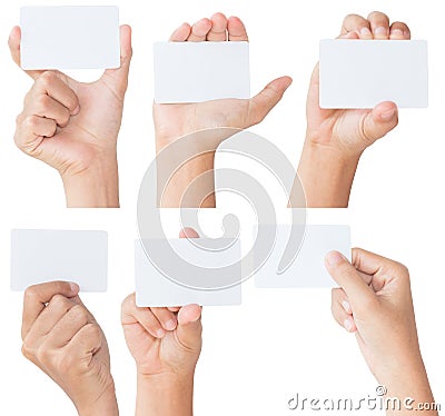 Hand holding blank white card isolated with clipping path Stock Photo