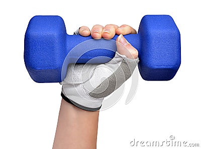 Hand holding blue fitness dumbbell Stock Photo