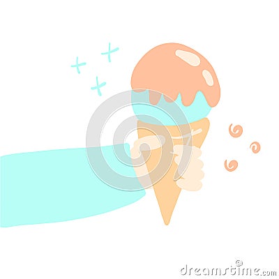 Hand holding blue ice cream cone with peach toping Vector Illustration