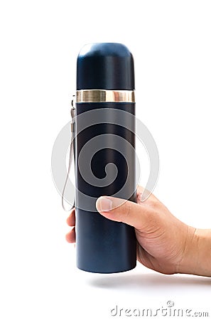 Hand holding a blue vacuum tumbler on white background Stock Photo
