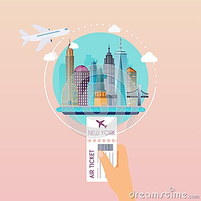 Hand holding boarding pass at airport to New York. Traveling on Vector Illustration