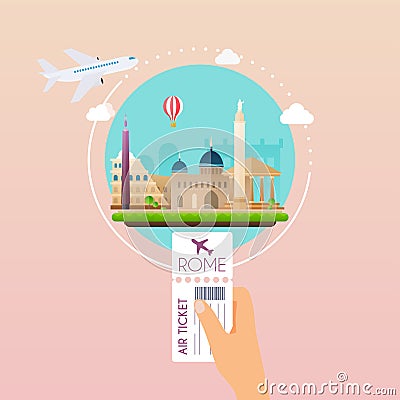 Hand holding boarding pass at airport to Rome. Traveling on airplane, planning a summer vacation, tourism and journey objects and Vector Illustration