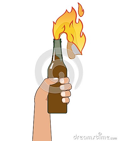 Hand holding a bottle with molotov cocktail. Vector illustration. Vector Illustration