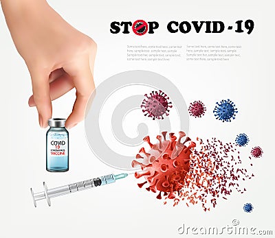 Hand holding bottle with vaccine destroying virus molecule. Covid-19 virus vaccination with syringe injection tool for covid19 Vector Illustration