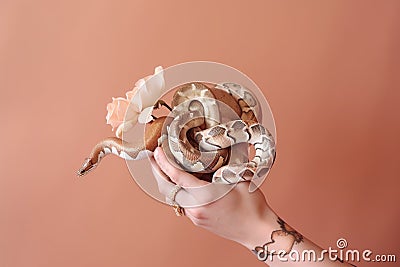 Hand holding a bouquet of snakes created with Generative AI technology Stock Photo