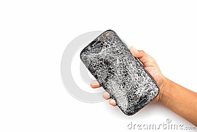 Hand holding broken smart phone isolated on white Stock Photo