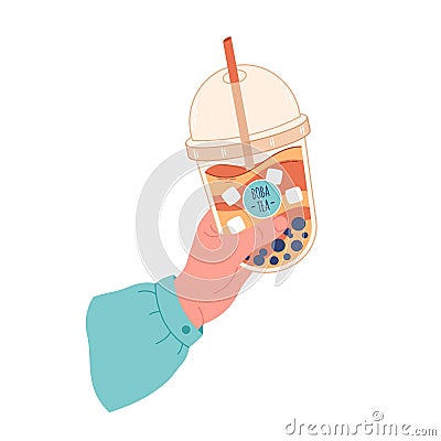 Hand holding bubble tea cup with tapioca pearls. Boba tea.Taiwanese drink. Summer cold drink. Hand drawn vector Cartoon Illustration