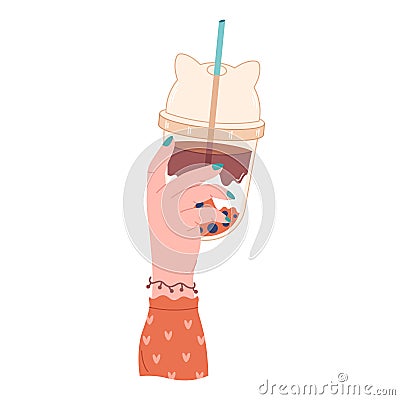 Hand holding bubble tea cup with tapioca pearls. Boba tea.Taiwanese drink. Summer cold drink. Hand drawn vector Cartoon Illustration