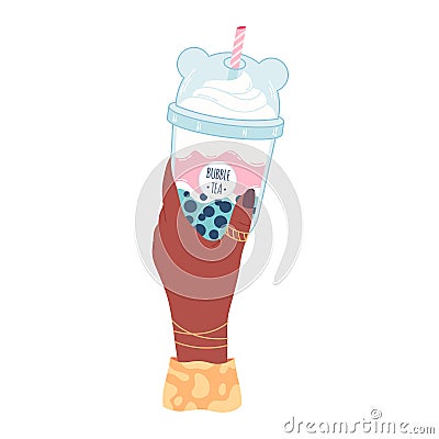 Hand holding bubble tea cup with tapioca pearls. Boba tea.Taiwanese drink. Summer cold drink. Hand drawn vector Cartoon Illustration