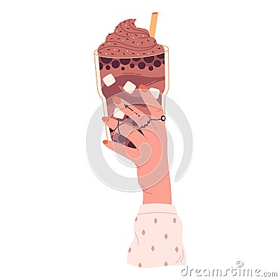 Hand holding bubble tea cup with tapioca pearls. Boba tea.Taiwanese drink. Summer cold drink. Hand drawn vector Cartoon Illustration