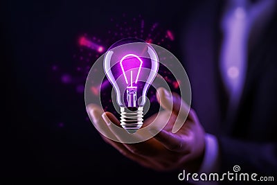 Hand holding bulb. Businessman holding a bright light bulb. Concept of Ideas. Stock Photo
