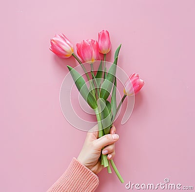 Hand Holding Bunch of Pink Tulips Stock Photo