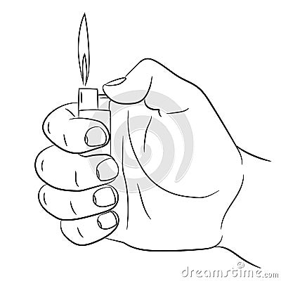 Hand holding a burning cigarette lighter monochrome illustration Cartoon Illustration