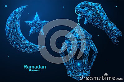 Hand holding burning Muslim lantern, night sky background, moon and stars. Vector Illustration