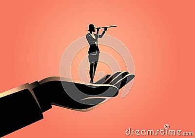 Hand holding a businesswoman using telescope Vector Illustration