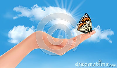 Hand holding a butterfly against a blue sky and su Vector Illustration