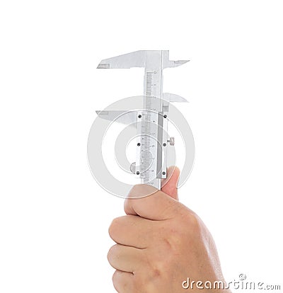 Hand holding caliper in front of white background Stock Photo