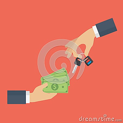 Car dealer gives car key to buyer. Hand holding car key and other hand holding money cash. Renting and Buying car concept Vector Illustration