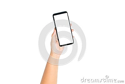 Hand holding cell phone blank on white screen and white background Stock Photo