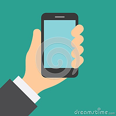 Hand holding cell phone with touch screen. Vector Illustration