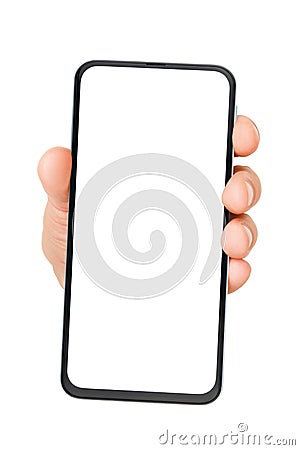 Hand holding cellphone with empty screen isolated on white Stock Photo
