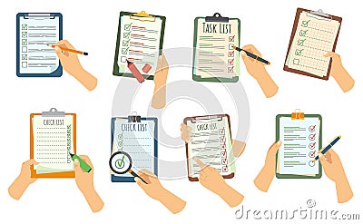 Hand holding checklist on clipboard. Task inspection or requirements lists with tick mark in checkbox. Check marks on Vector Illustration
